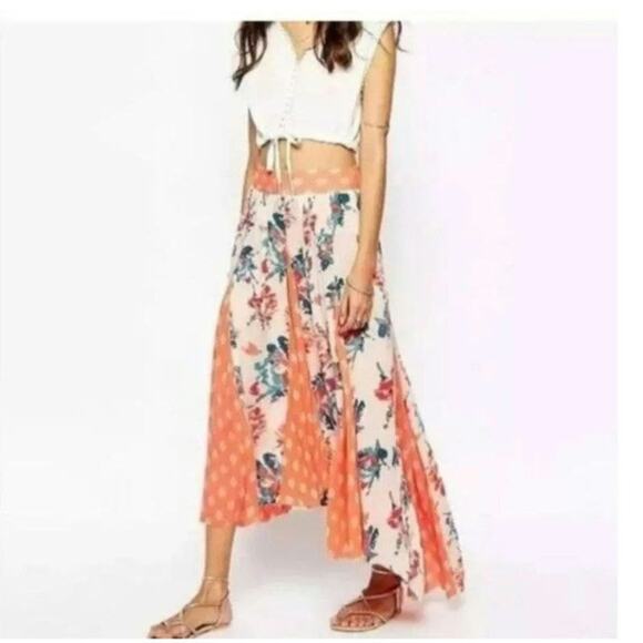 Free People Maxi Skirt High Low Gauze Raw Patchwork Cottagecore Bloom Tribal XS - Picture 6 of 9
